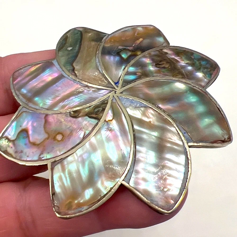 Abalone Sterling Silver Pendant Brooch Pin Inlaid Flower Alpaca Silver Mexico